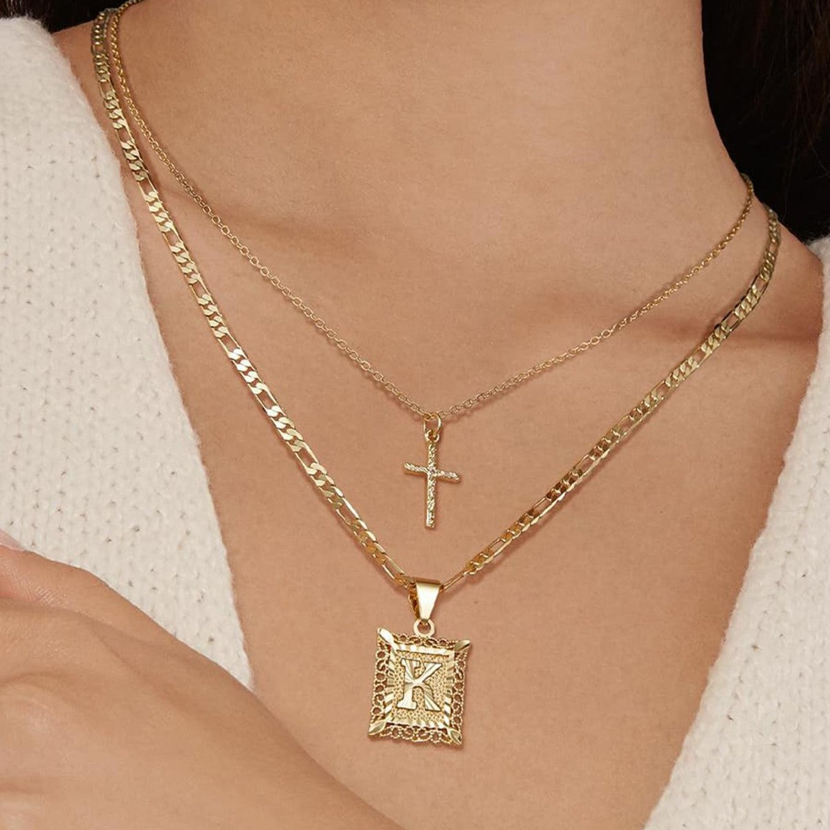 Pair of 14k Gold Initial and Cross Necklaces