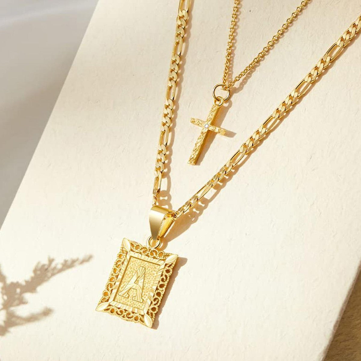 Pair of 14k Gold Initial and Cross Necklaces