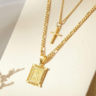Pair of 14k Gold Initial and Cross Necklaces