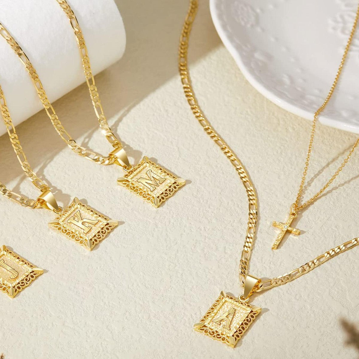Pair of 14k Gold Initial and Cross Necklaces