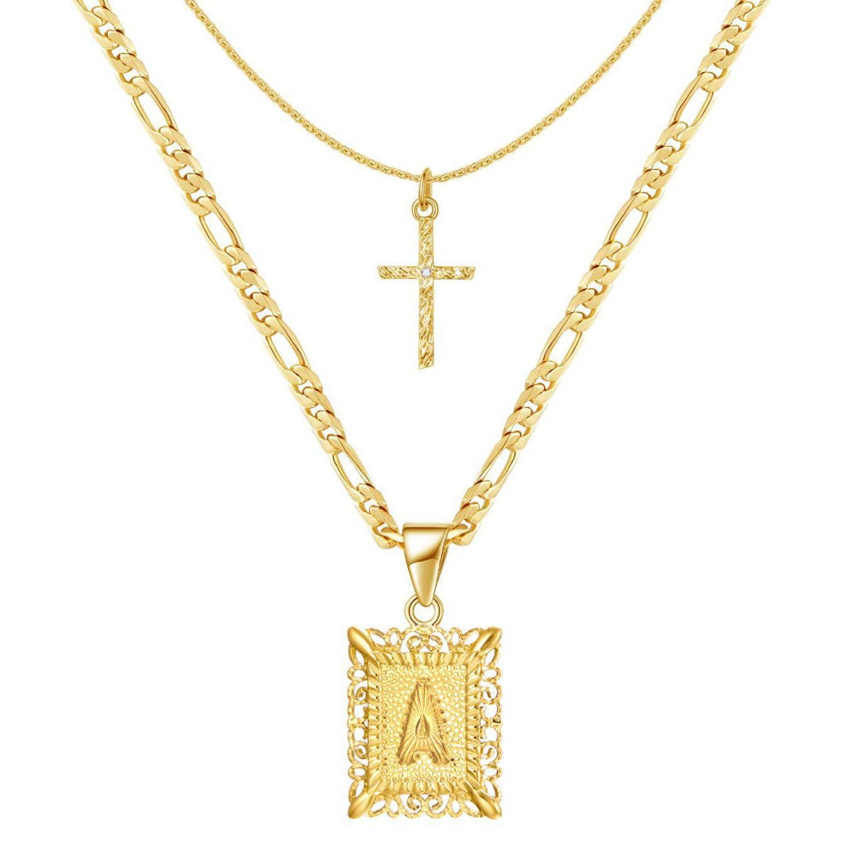 Pair of 14k Gold Initial and Cross Necklaces