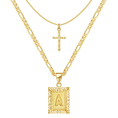 Pair of 14k Gold Initial and Cross Necklaces