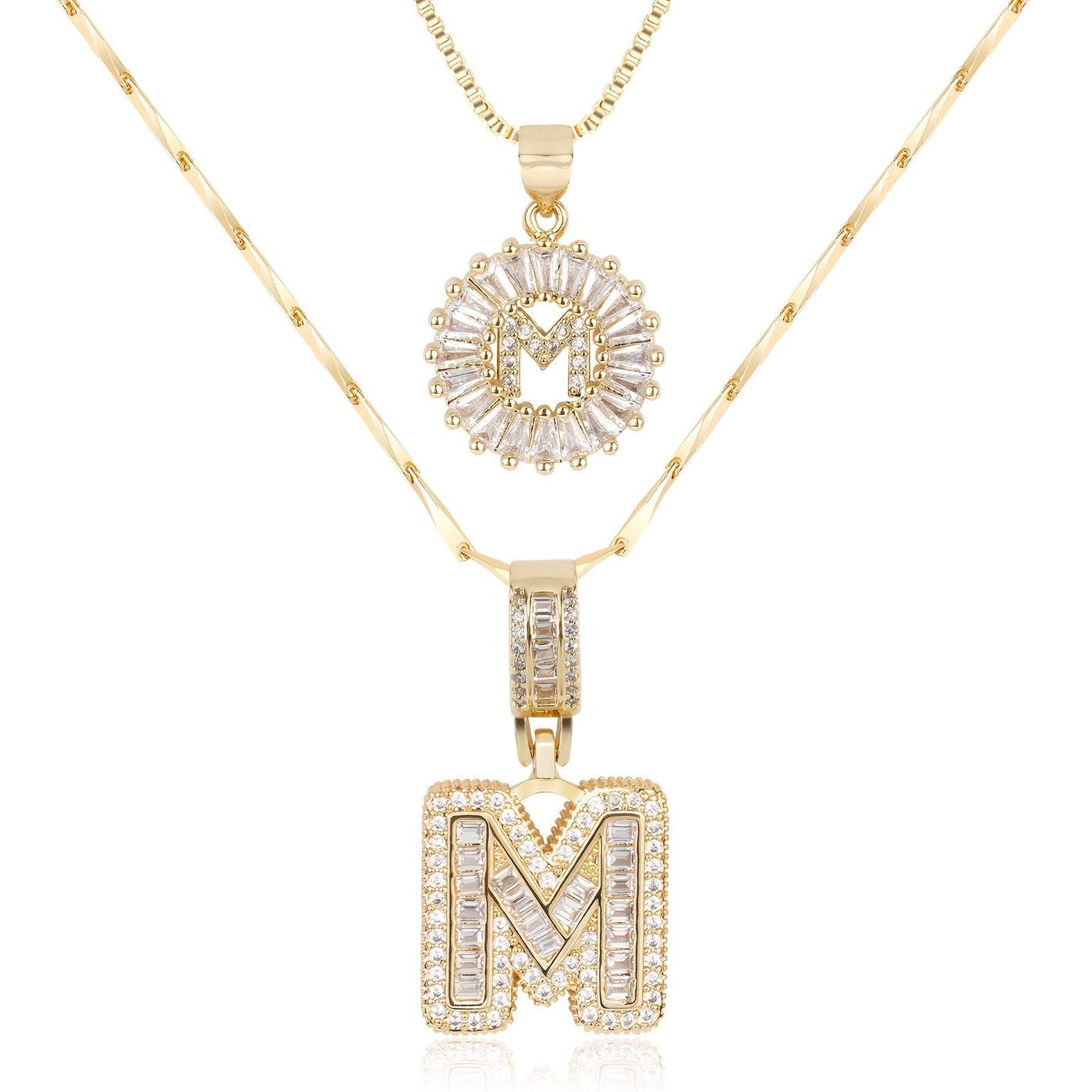 Pair of 14k Gold Initial Necklaces Adorned with Diamonds