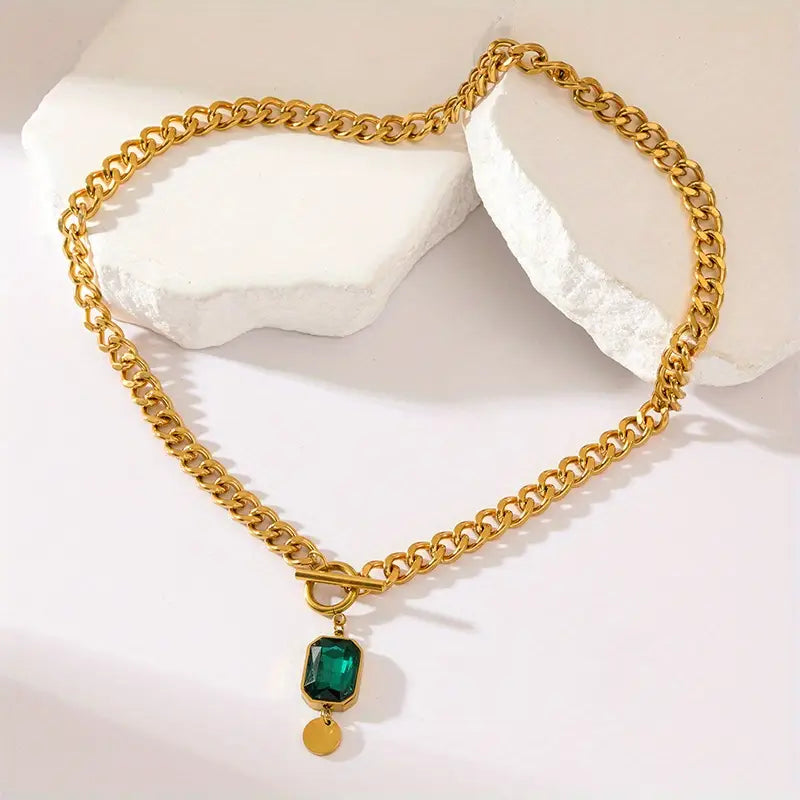 Bold Emerald Gold Pendant Necklace with Chunky Chain