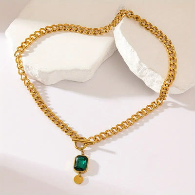 Bold Emerald Gold Pendant Necklace with Chunky Chain