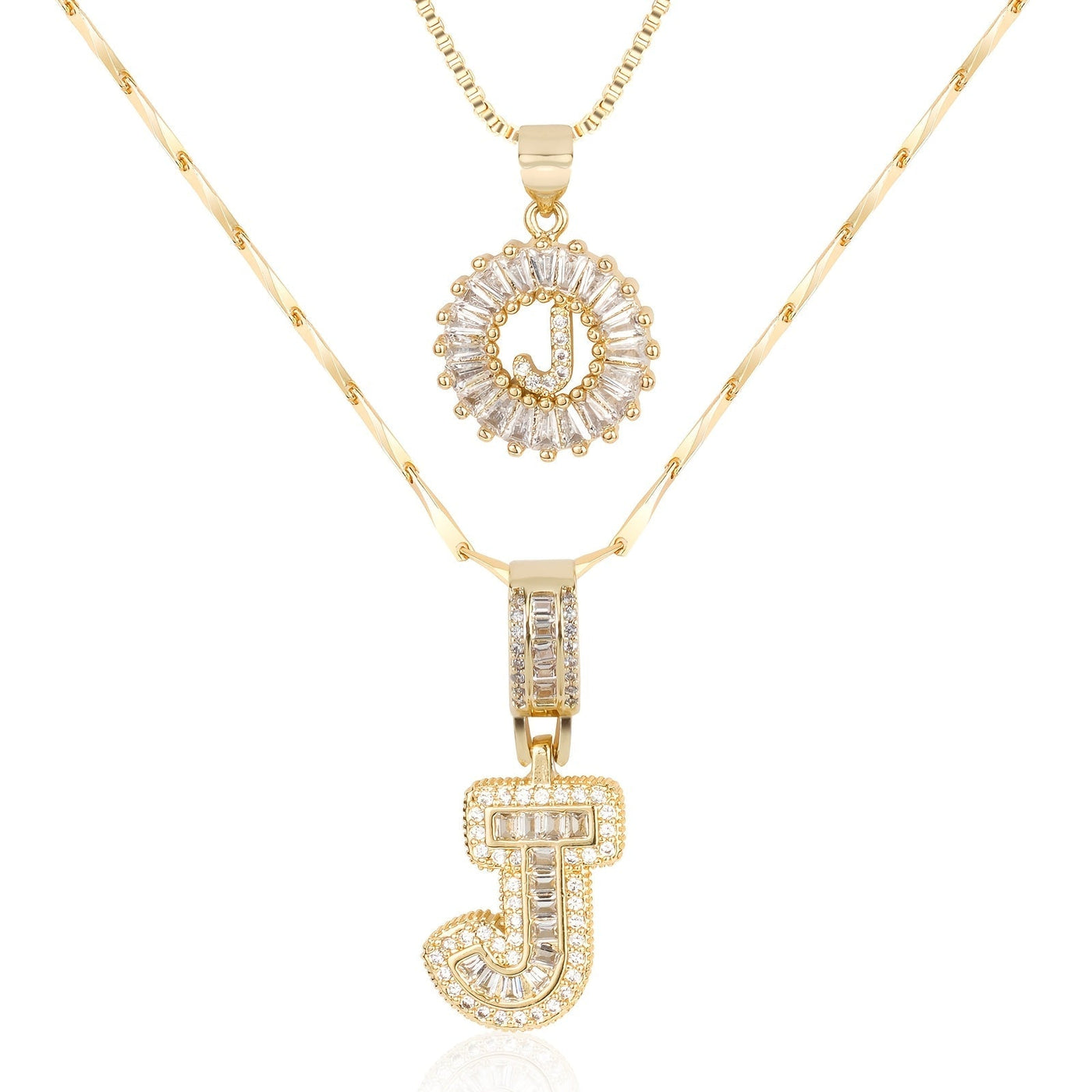 Pair of 14k Gold Initial Necklaces Adorned with Diamonds