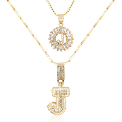 Pair of 14k Gold Initial Necklaces Adorned with Diamonds