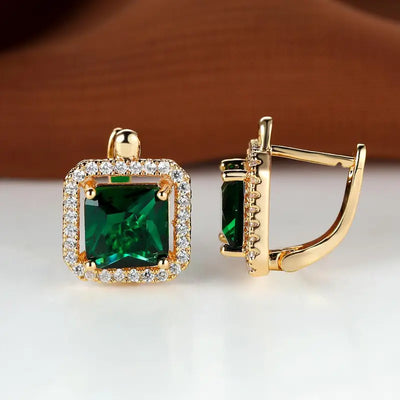 Gold Earrings with Square Green Zirconia
