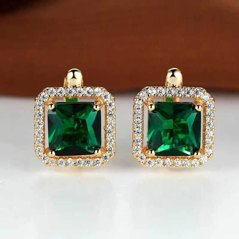 Gold Earrings with Square Green Zirconia