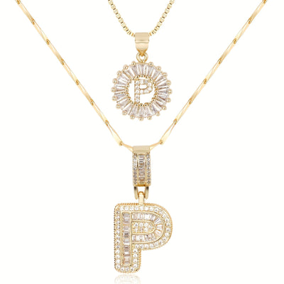 Pair of 14k Gold Initial Necklaces Adorned with Diamonds