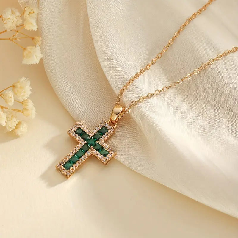 Gold Necklace with Solene Emerald Cross Pendant