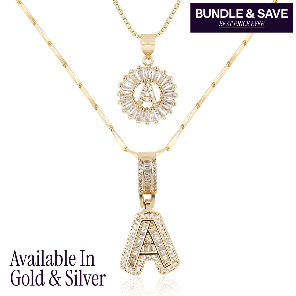 Pair of 14k Gold Initial Necklaces Adorned with Diamonds