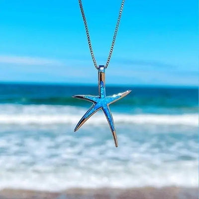 Silver Starfish Necklace Featuring Blue Opal Highlights