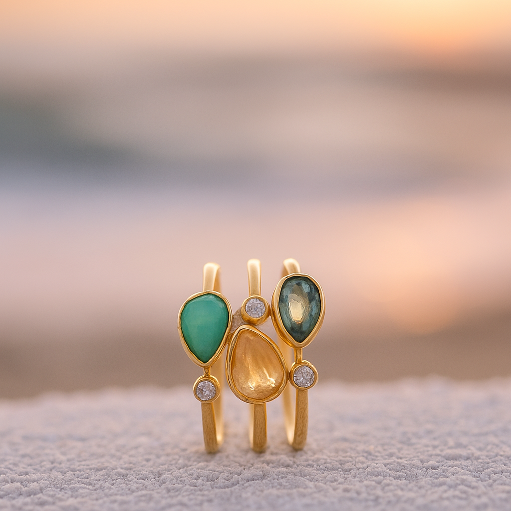 Tris di Onde – Gold Brass Ring Adorned with Colored Zirconia