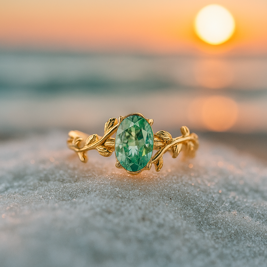 Emerald Breeze – Gold Ring Featuring Green Agate and Leaf Design