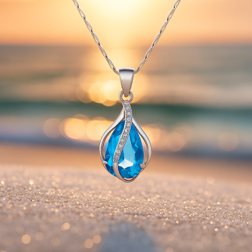 Radiant Blue Zircon Necklace with Silver Finish – Drop of Light