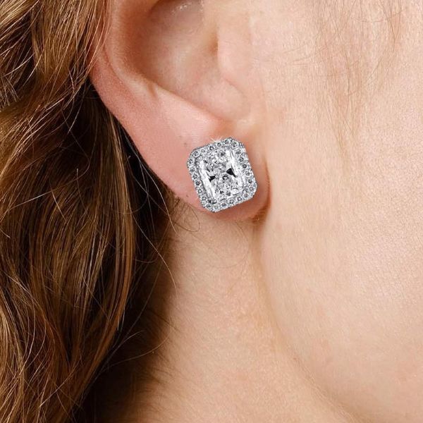 Halo | Radiant Cut Stud Earrings" can be rephrased as "Halo | Sparkling Radiant Cut Stud Earrings.