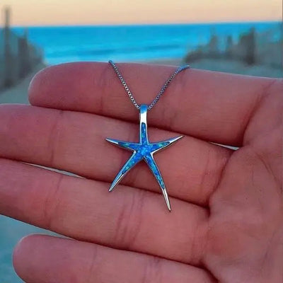Silver Starfish Necklace Featuring Blue Opal Highlights