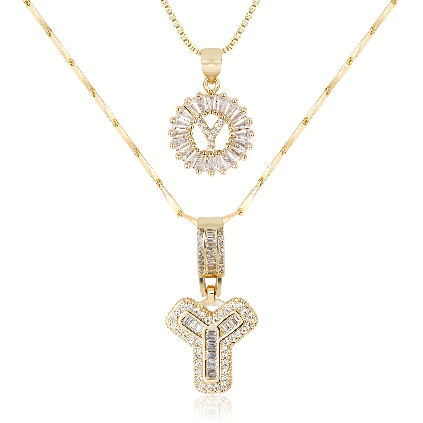 Pair of 14k Gold Initial Necklaces Adorned with Diamonds