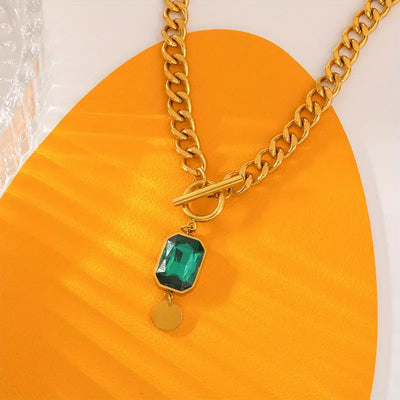 Bold Emerald Gold Pendant Necklace with Chunky Chain
