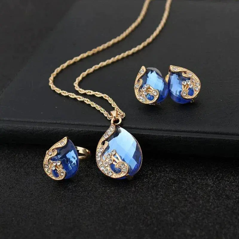 Gold and Blue Crystal Jewelry Set: Necklace and Earrings