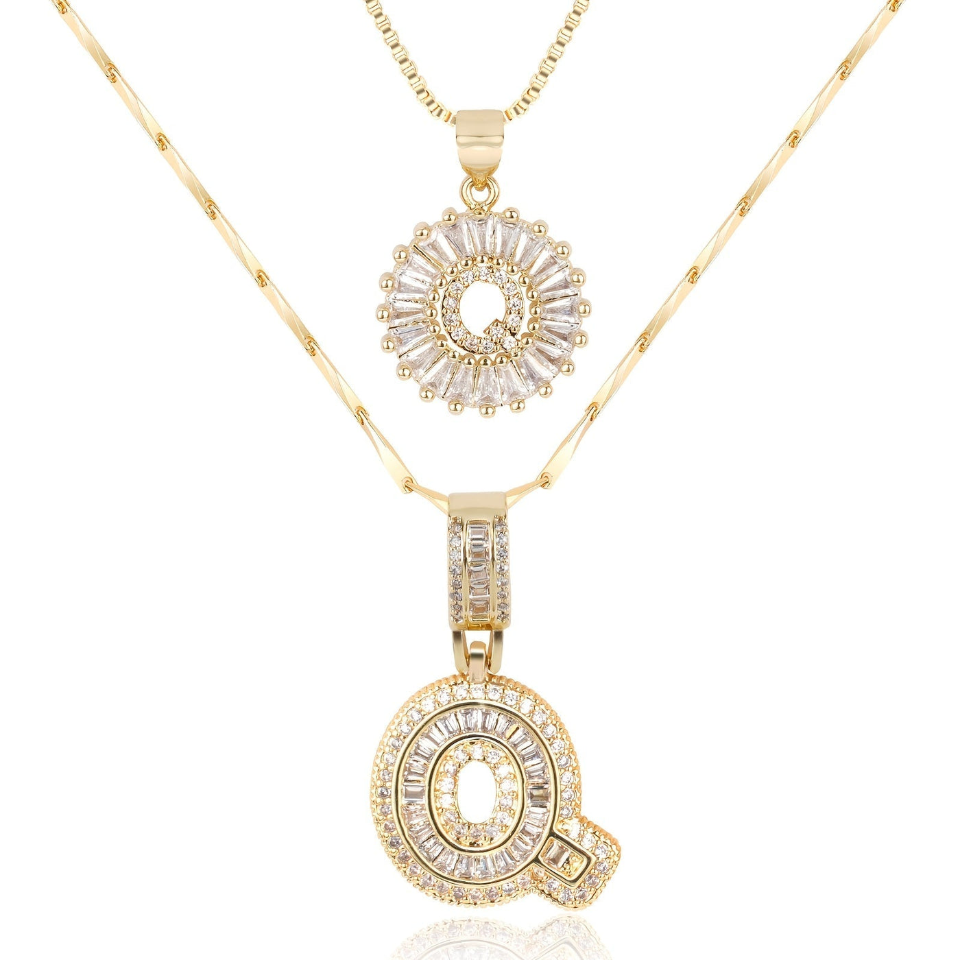 Pair of 14k Gold Initial Necklaces Adorned with Diamonds