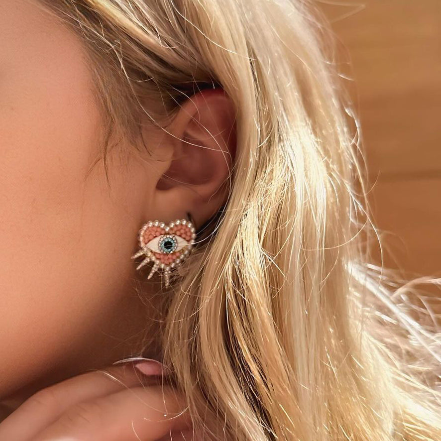 Heart-Shaped Sun and Diamond Evil Eye Earrings