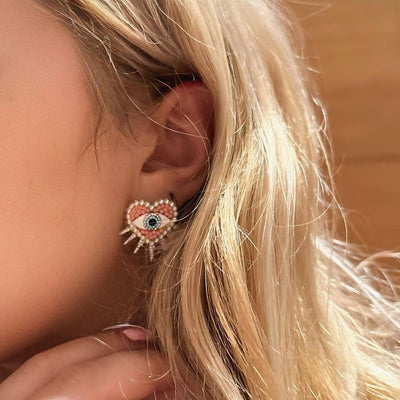 Heart-Shaped Sun and Diamond Evil Eye Earrings
