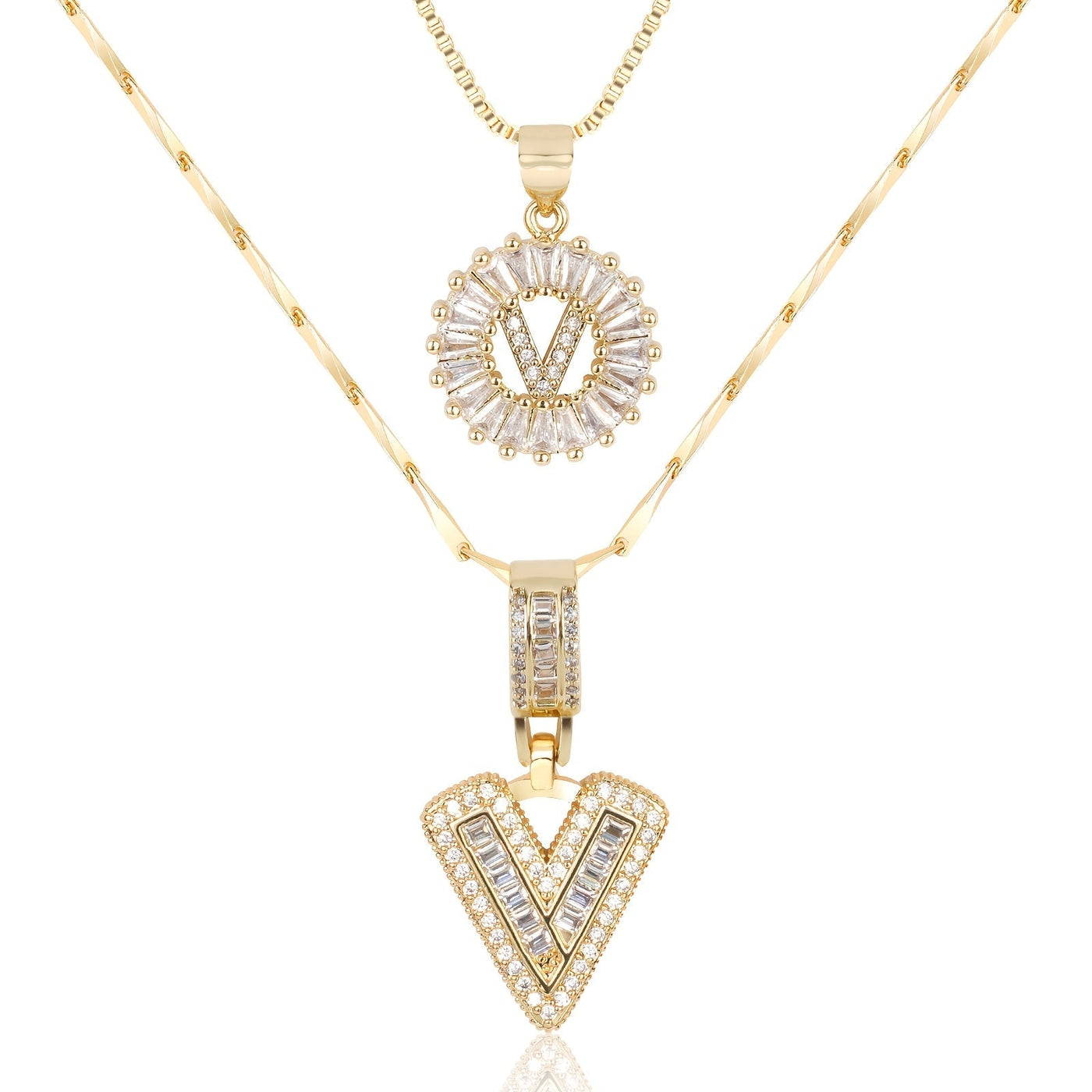 Pair of 14k Gold Initial Necklaces Adorned with Diamonds