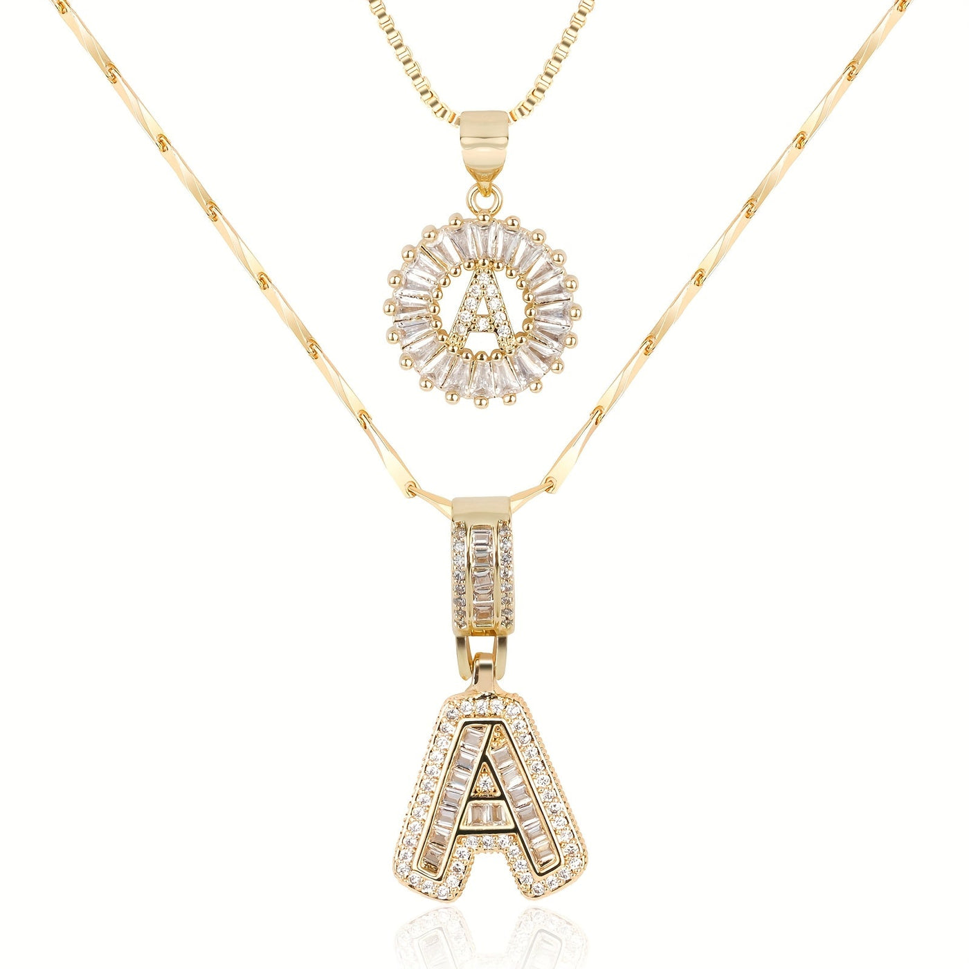 Pair of 14k Gold Initial Necklaces Adorned with Diamonds