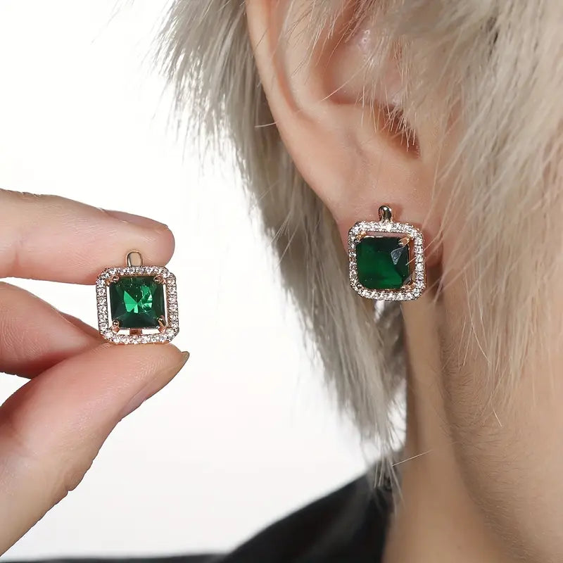 Gold Earrings with Square Green Zirconia