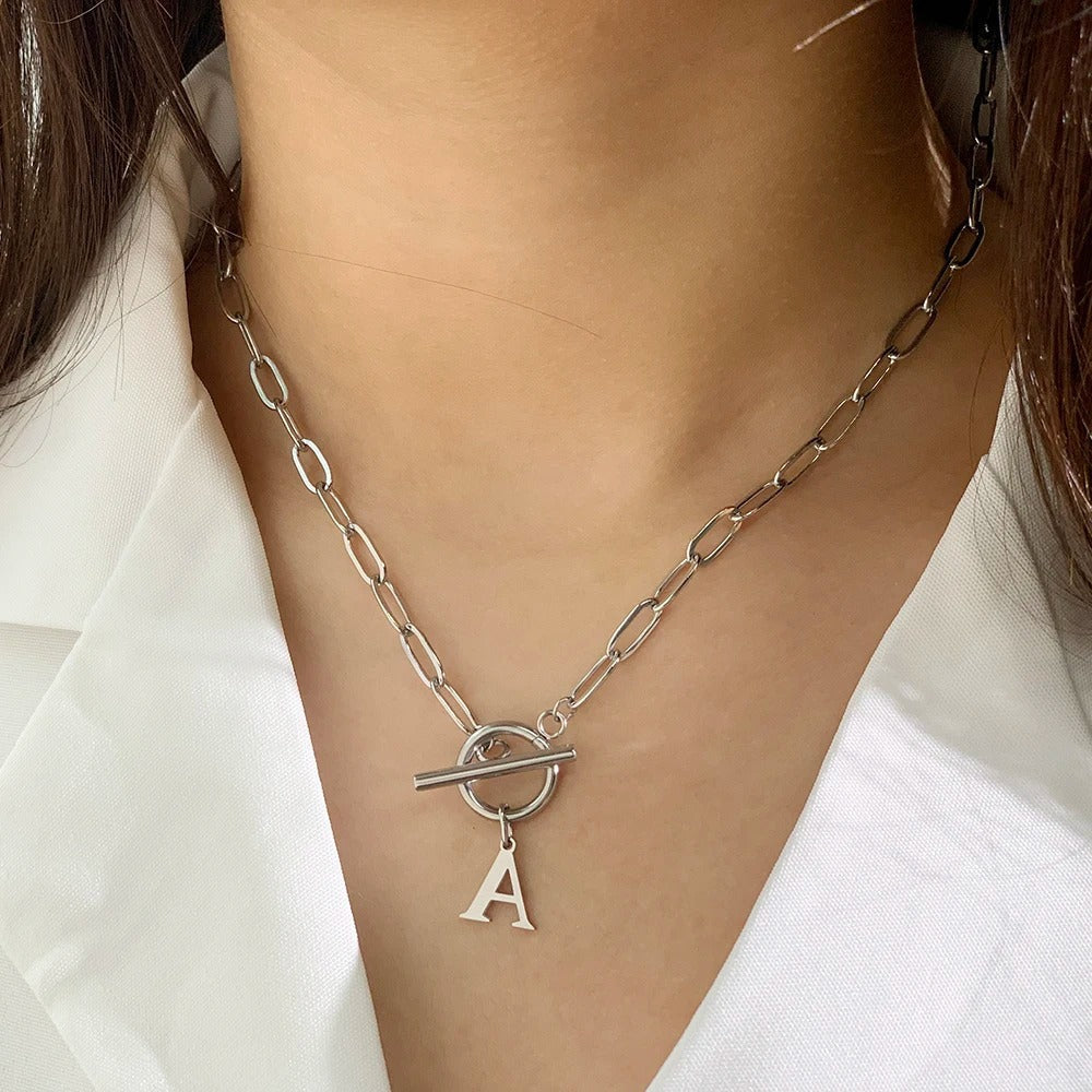 Circle Lock Clasp Necklace Featuring Paperclip Initial Charm