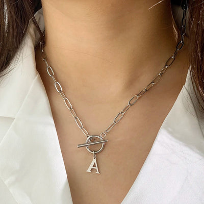 Circle Lock Clasp Necklace Featuring Paperclip Initial Charm