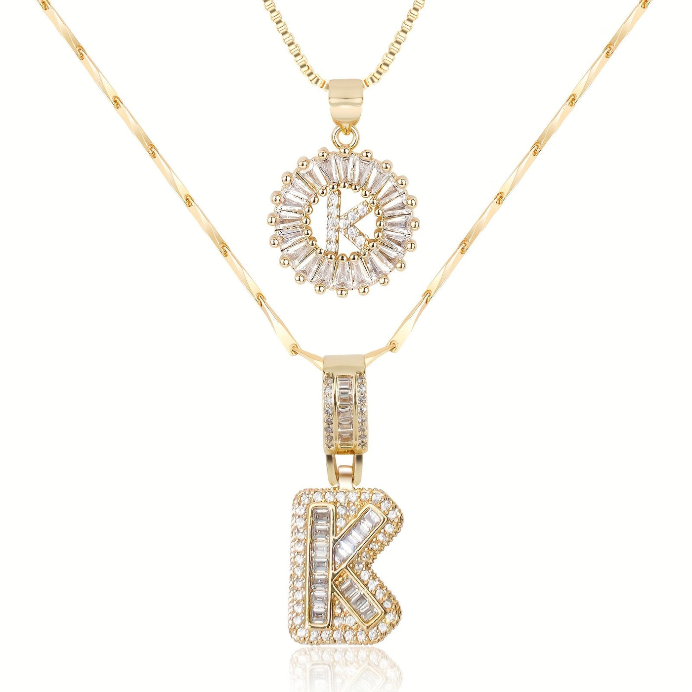 Pair of 14k Gold Initial Necklaces Adorned with Diamonds