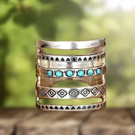 Bohemian Turquoise Carved Openwork Ring