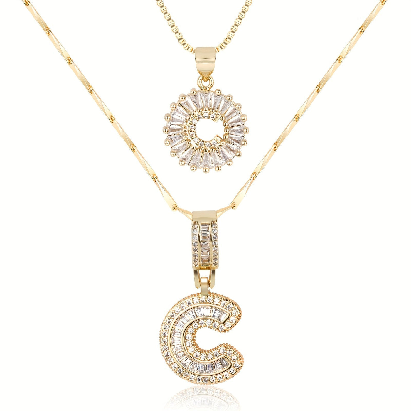 Pair of 14k Gold Initial Necklaces Adorned with Diamonds