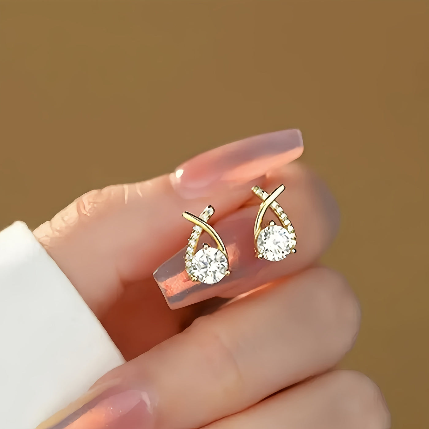 Zirconia Stud Earrings with Golden Cross Design