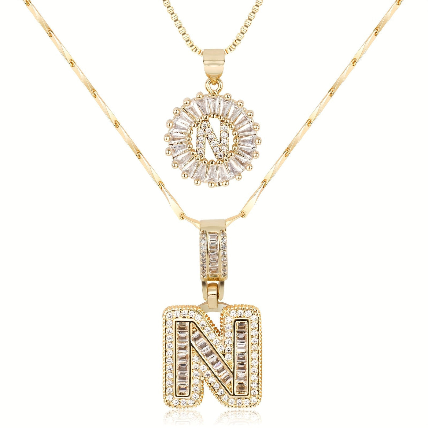 Pair of 14k Gold Initial Necklaces Adorned with Diamonds