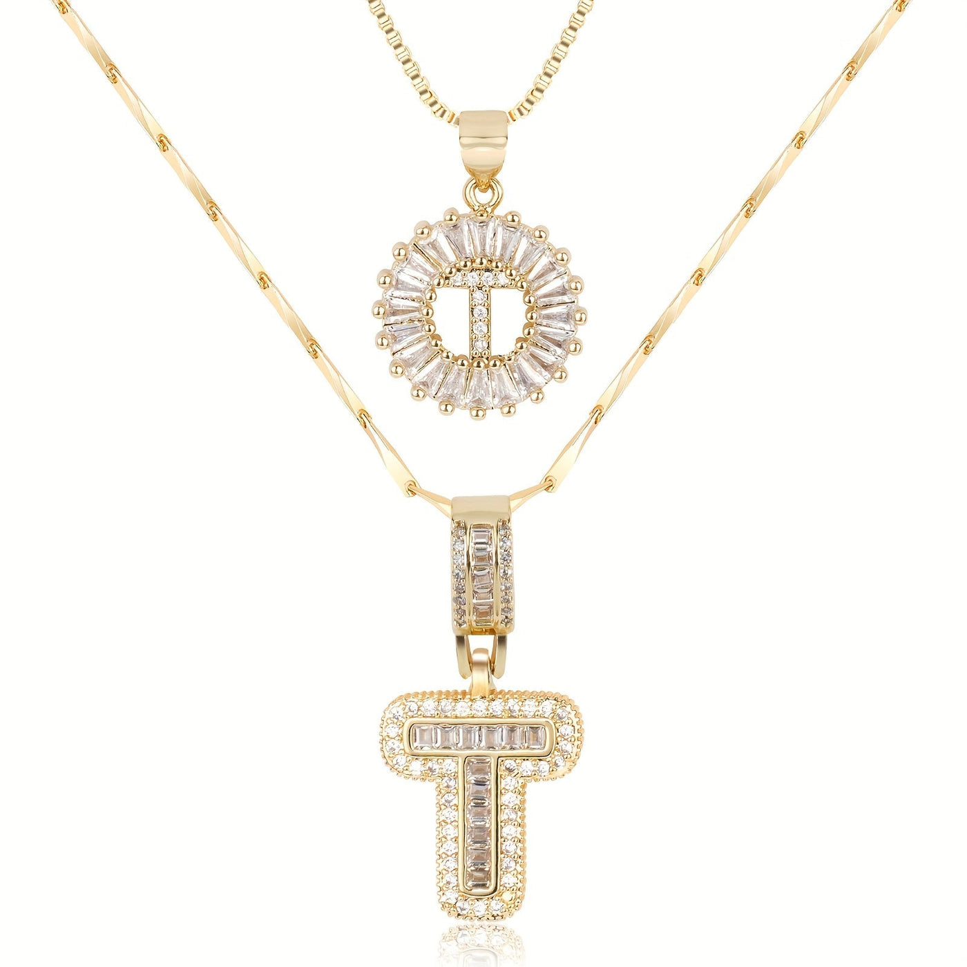 Pair of 14k Gold Initial Necklaces Adorned with Diamonds