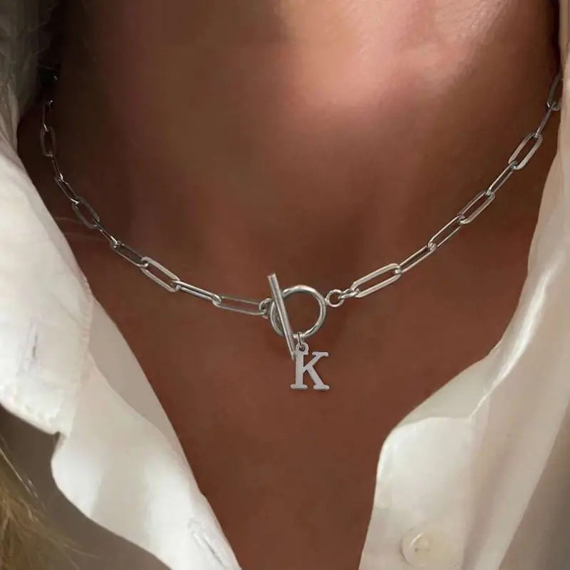 Circle Lock Clasp Necklace Featuring Paperclip Initial Charm