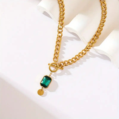 Chunky Chain Emerald Gold Pendant Necklace