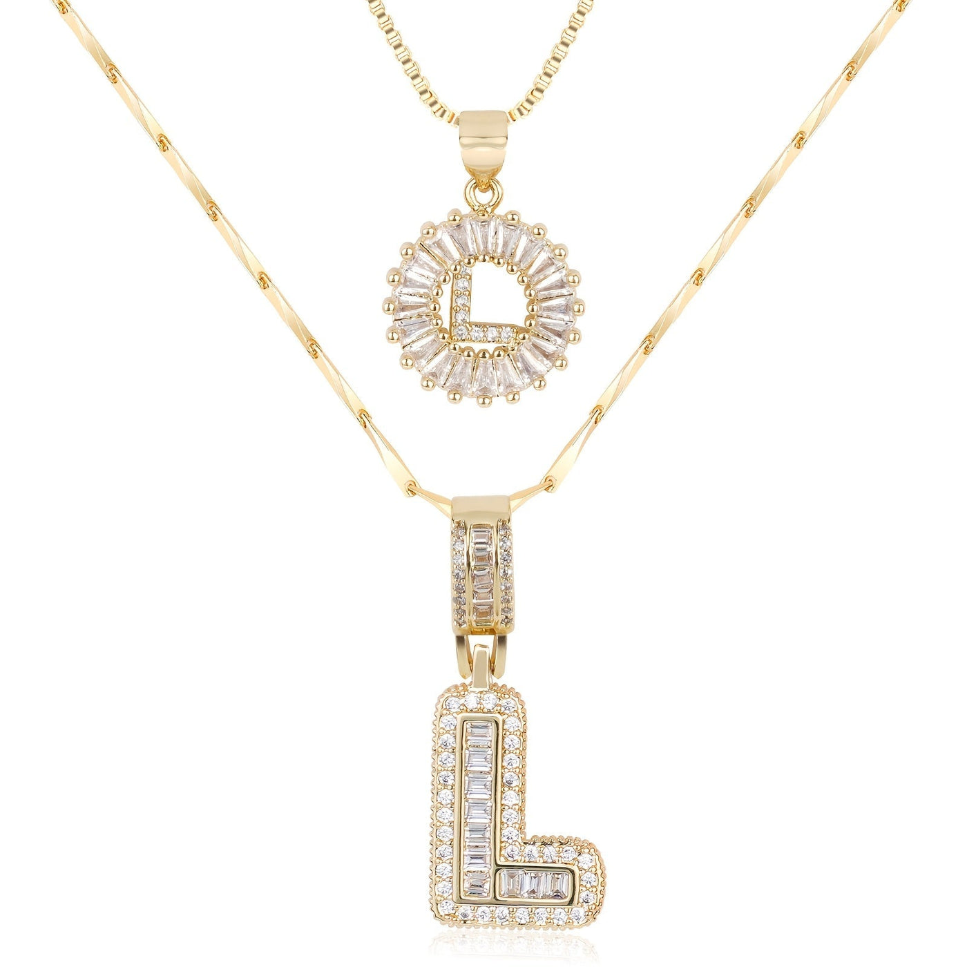 Pair of 14k Gold Initial Necklaces Adorned with Diamonds
