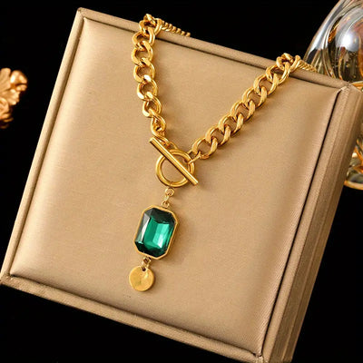 Chunky Chain Emerald Gold Pendant Necklace