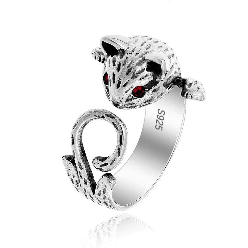 Adjustable Hand-Painted Cat Ring Crafted from 925 Sterling Silver