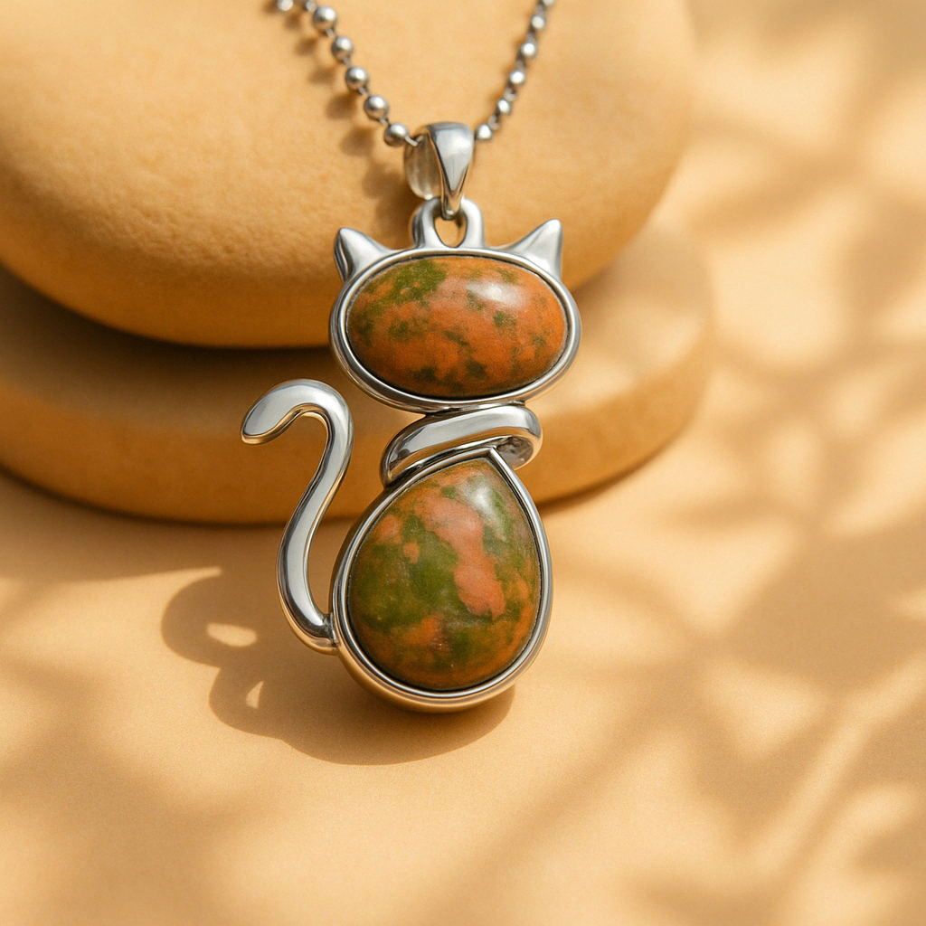 Necklace with cat in genuine stone.
