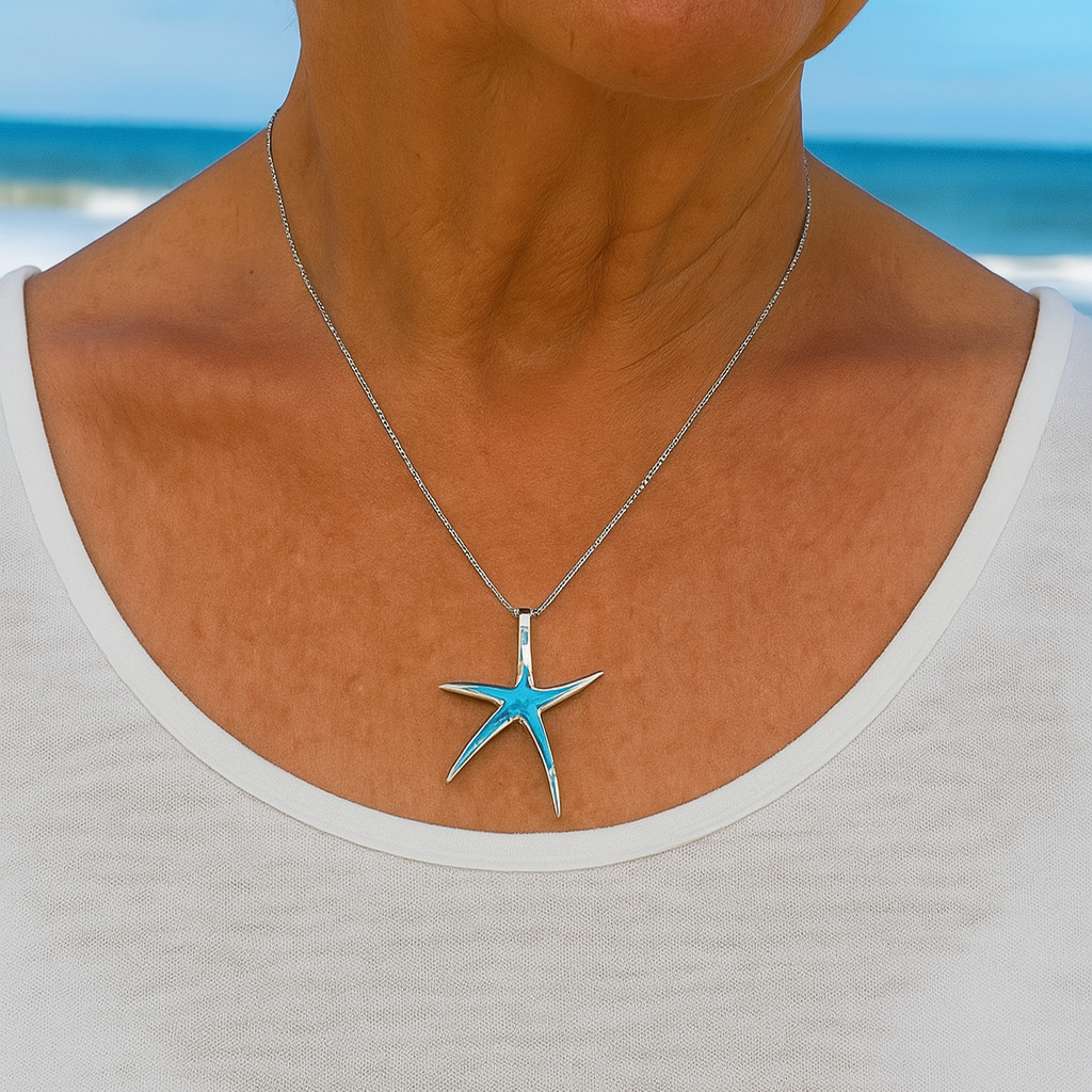 Silver Starfish Necklace Featuring Blue Opal Highlights