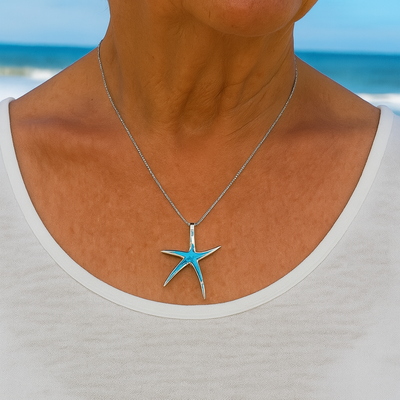 Silver Starfish Necklace Featuring Blue Opal Highlights