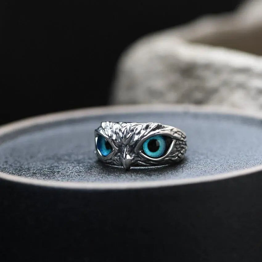 Adjustable Silver Ring Featuring Opal and Lucky Owl Motif