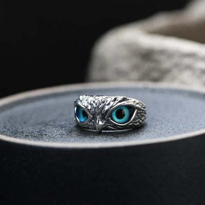 Adjustable Silver Ring Featuring Opal and Lucky Owl Motif