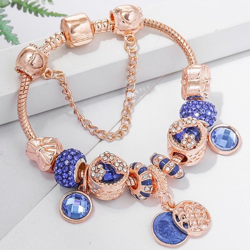 Pink Silver Bracelet with Blue Crystals